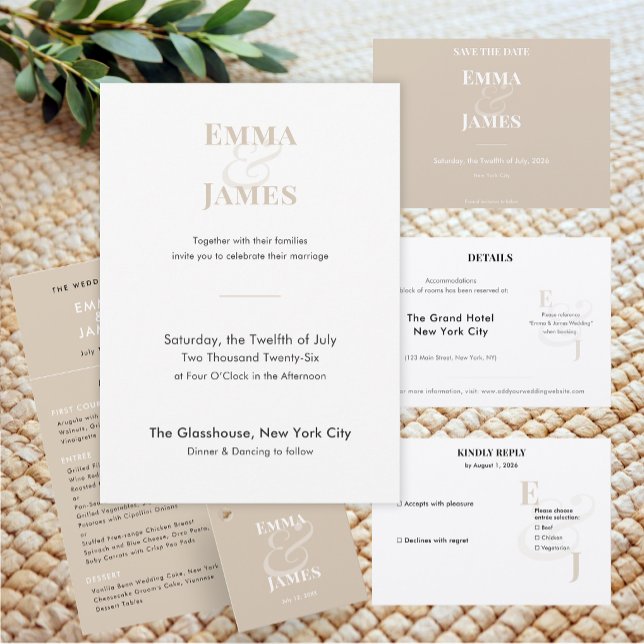 Reverse Champagne Ampersand Wedding | Save the Date (Horizontal reverse champagne save the date with refined minimalist type for warm elegance.)