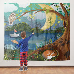Reverse Idyllic Riverside Wildlife Illustration Tapestry<br><div class="desc">Reverse image to original; a picturesque twilight scene of a sleeping fox,  an owl out for the night on a tree branch overlooking a moonlit river with origami boat; you can see fish just below the surface of the water and bears on the horizon. illustration by becky nimoy 2018.</div>
