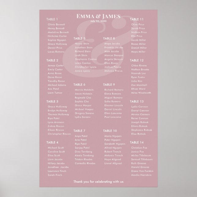 REVERSE Mauve Ampersand Wedding | 14 Seat Chart (Front)