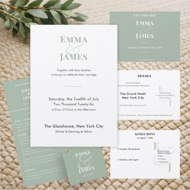 Reverse Sage Ampersand Wedding | Save the Date (Horizontal reverse sage save the date featuring clean minimalist typography for a soft, calm style.)