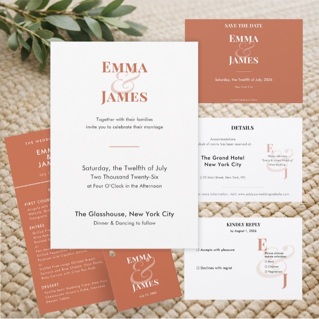 Reverse Terracotta Ampersand Wedding | Save the Date (Reverse terracotta horizontal save the date with clean modern type for a warm, earthy feel.)