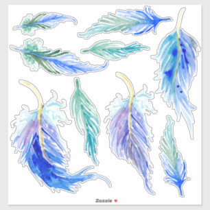 Reverse Watercolor Feathers Aqua Blue Purple Green