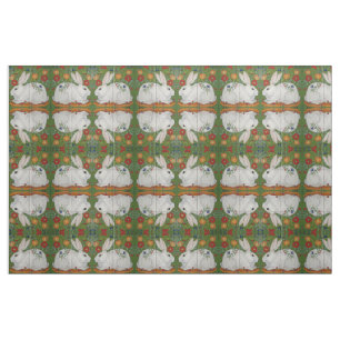 Reverse White Rabbit Green Floral Folk Art Fabric