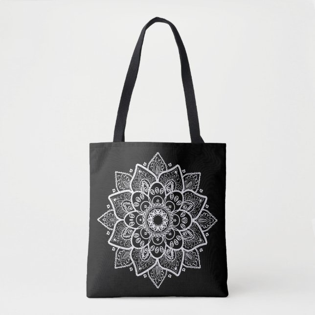 Reversible Black & White Floral Mandala Tote Bag (Front)