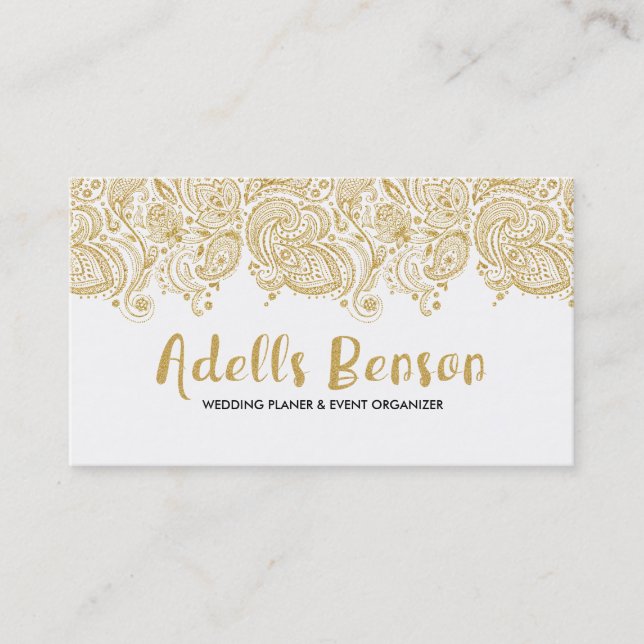 Reversible Black & White Gold Glitter Lace & Text Business Card (Front)