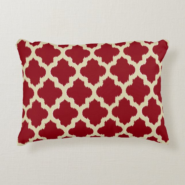 Reversible Burgundy, Gold And Tan Quatrefoil Ikat Decorative Cushion (Front)
