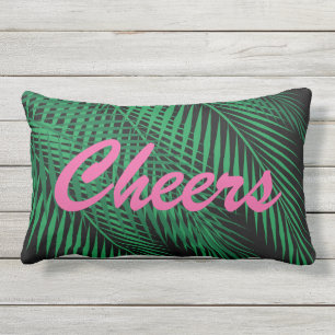 Reversible Cheers Tropical Palm Leaves on Black Outdoor Cushion