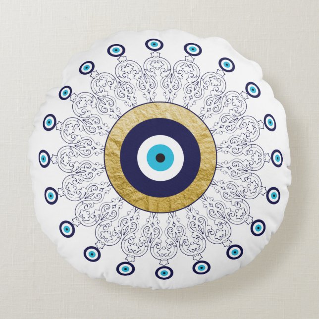 Reversible Evil Eye Mandala in Gold White and Blue Round Cushion (Front)