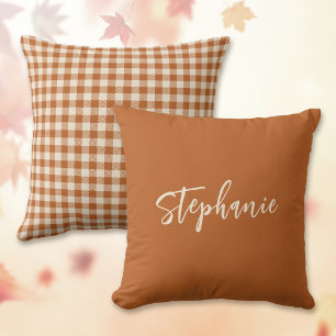 Reversible Fall Burnt Orange Gingham Plaid Name Cushion