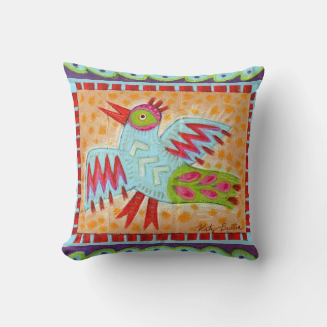 Reversible Folk Art Bird and Fish Design Cushion (Front)