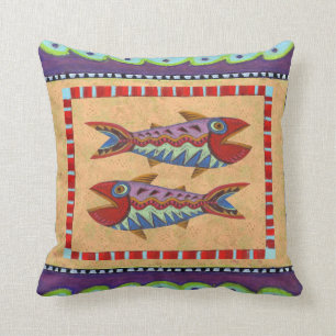 Reversible Folk Art Bird and Fish Design Cushion
