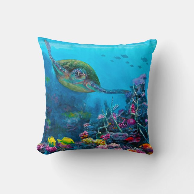 Reversible Hawaii Beach & Sea Turtle Throw Pillow (Front)