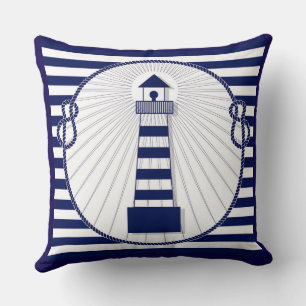 Reversible Marine Stripes Lighthouse Blue White Cushion