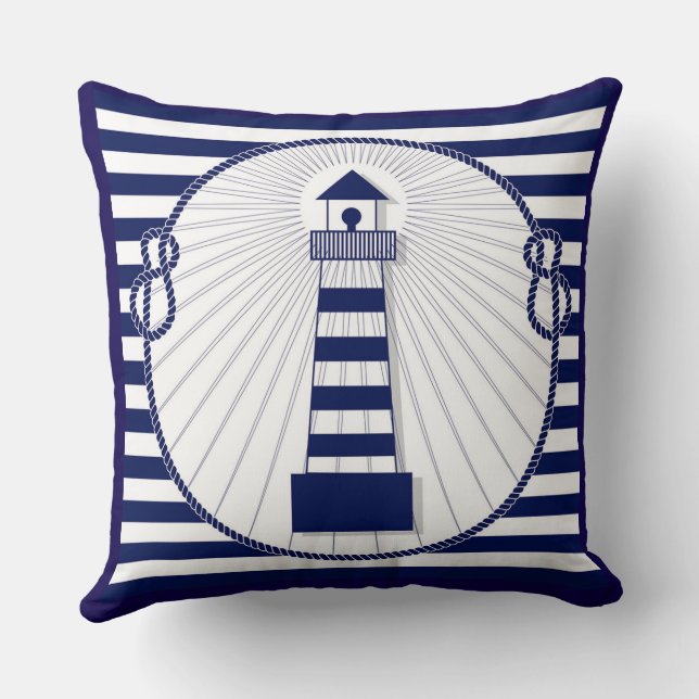Reversible Marine Stripes Lighthouse Blue White Cushion (Back)