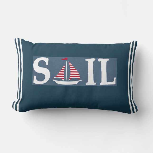 Reversible Nautical Blue White Stripe Marine Quote Lumbar Cushion (Front)