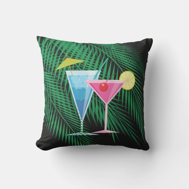 Reversible Palm Leaves & Cocktails Outdoor Pillow (Front)
