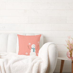 Reversible Peach Snowman Christmas Throw Pillow