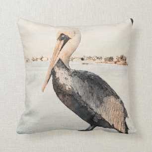 Reversible Pelican Watercolor and Beach Pillow