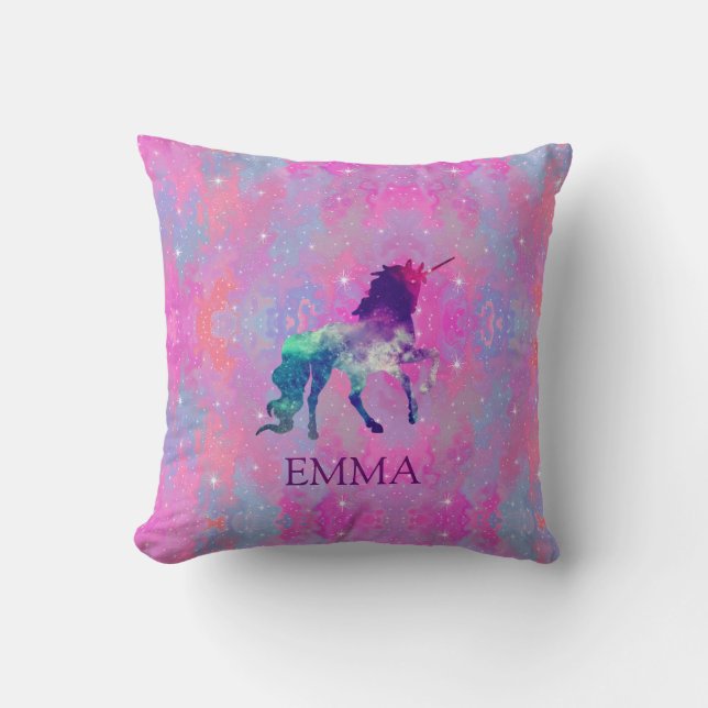 Reversible Pink/Purple Galaxy Unicorn Name Pillow (Front)