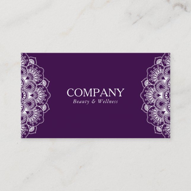 Reversible purple and white mandala business card (Front)