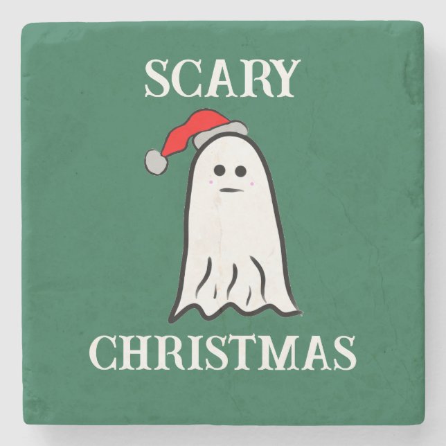 Reversible Scary Christmas Ghost Throw Pillow Stone Coaster (Front)