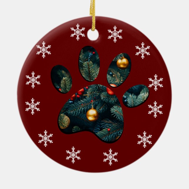 Reversible Snow Holiday Christmas Dog Paw Ceramic Tree Decoration (Back)