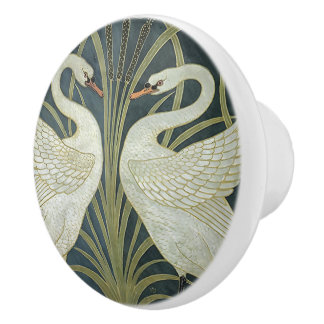 Reversible Vintage Walter Crane Swan Rush and Iris Ceramic Knob
