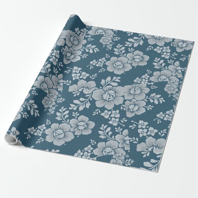 Reversible White Flowers Foliage Blue Background Wrapping Paper (Unrolled)