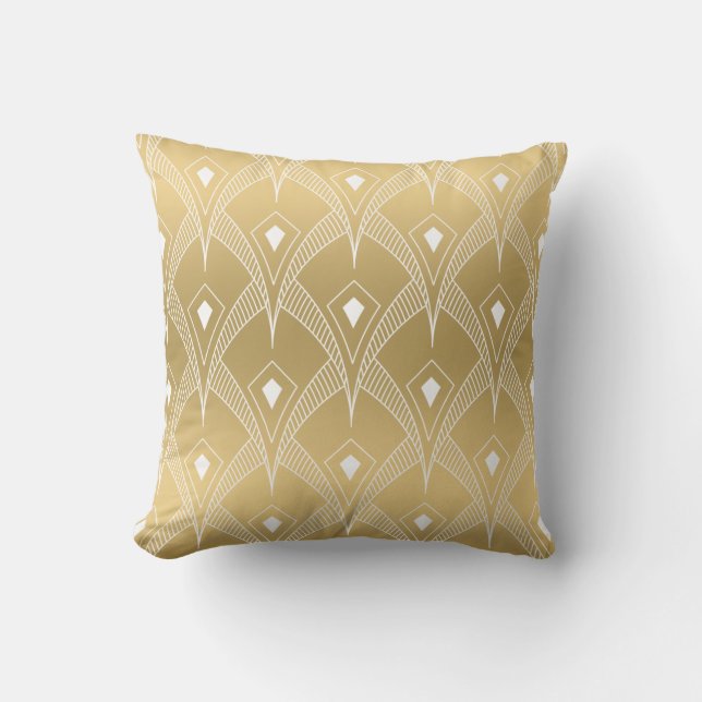 Reversible White & Gold Art-Deco Pattern Cushion (Front)