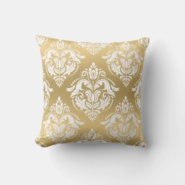 Reversible White & Gold Damasks Cushion (Front)