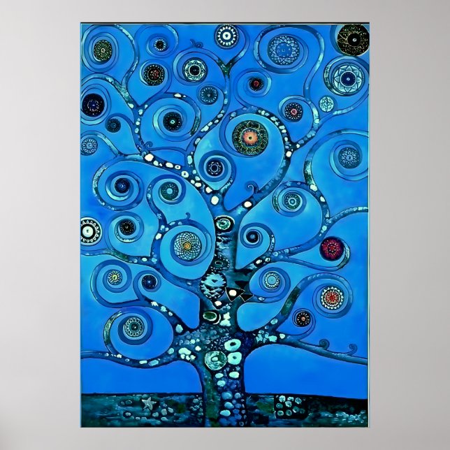 Review in blue - The Tree of Life by Gustav Klimt Poster (Front)