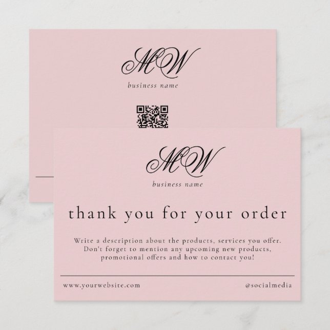Review Order Packaging Insert Script Monogram Pink Thank You Card (Front/Back)