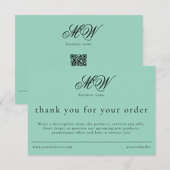 Review Order Packaging Insert Script Monogram Teal Thank You Card (Front/Back)