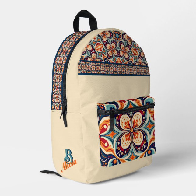 Revisited Mexican folk art floral personalised  Printed Backpack (Back Corner Left)