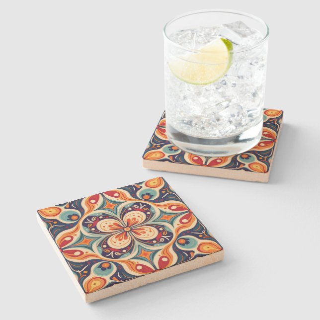 Revisited Mexican folk art floral Stone Coaster (Side)