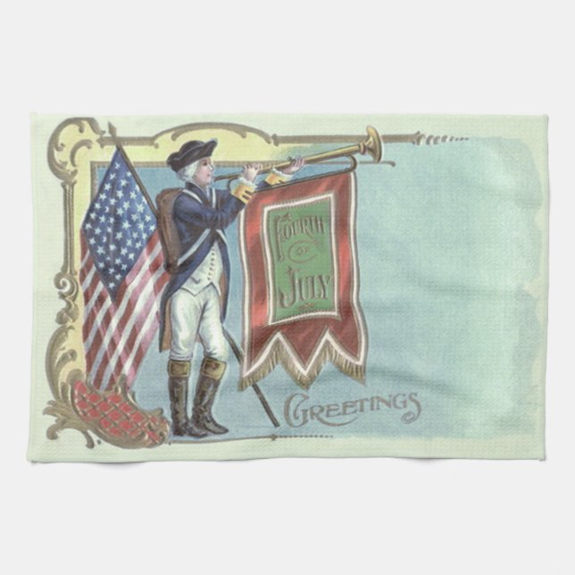 Revolutionary War Soldier American Flag Horn Tea Towel (Horizontal)