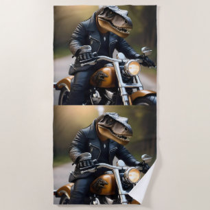 Revved Up Rex: T-Rex in Leathers on a Motorbike, Beach Towel