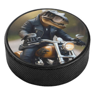 Revved Up Rex: T-Rex in Leathers on a Motorbike, Hockey Puck