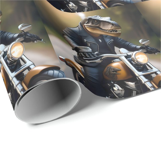 **"Revved Up Rex: T-Rex in Leathers on a Motorbike Wrapping Paper (Roll Corner)