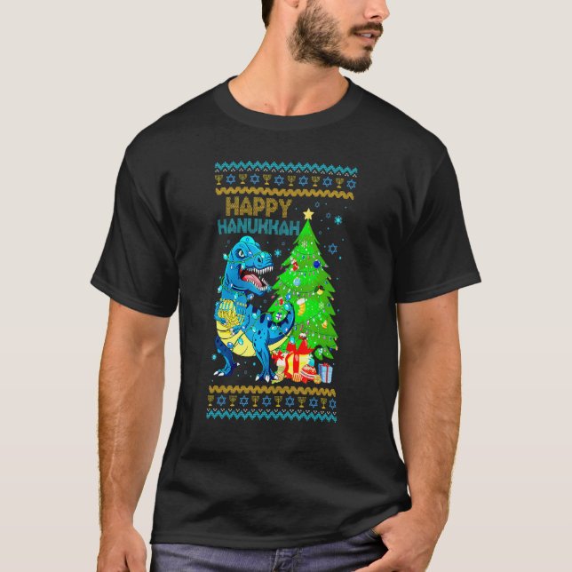 Rex Dinosaur Christmas Tree Happy Hanukkah Chanukk T-Shirt (Front)