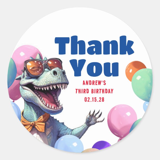 Rex Dinosaur Colourful Fun Birthday Thank You Classic Round Sticker (Front)