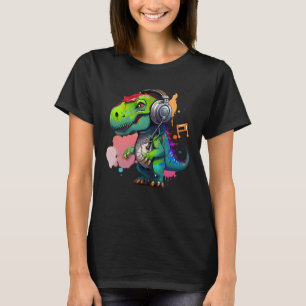 rex with headphones music cute dinosaur for kids T-Shirt