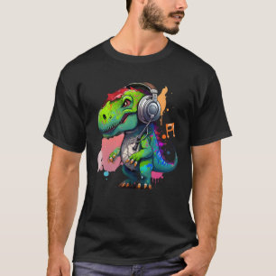 rex with headphones music cute dinosaur for kids T-Shirt