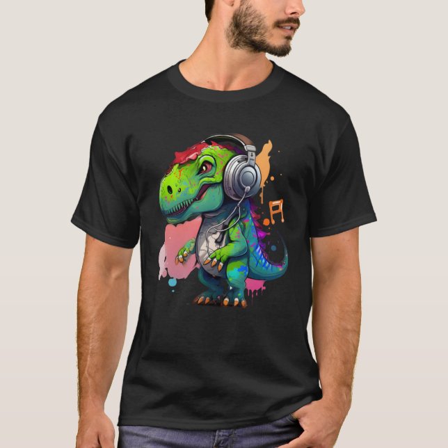 rex with headphones music cute dinosaur for kids T-Shirt (Front)