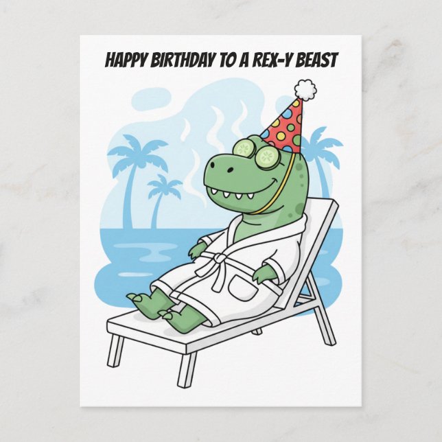 Rex-y Beast Spa Day Birthday Dinosaur Postcard (Front)