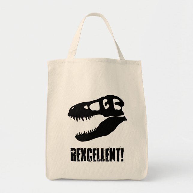 "Rexcellent!" T. rex Dinosaur Skull Tote Bag (Front)