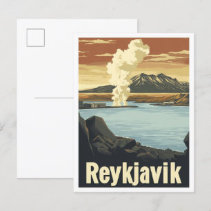 Reykjavik Iceland Art Vintage Travel Illustration Postcard