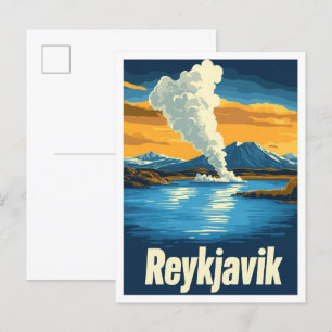 Reykjavik Iceland Art Vintage Travel Illustration Postcard
