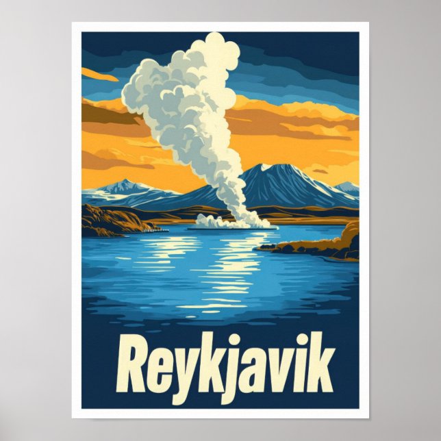 Reykjavik Iceland Art Vintage Travel Illustration Poster (Front)
