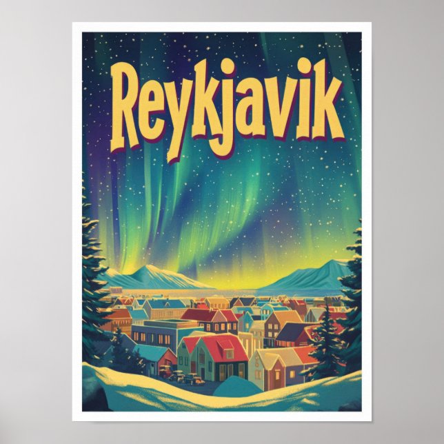 Reykjavik Iceland Art Vintage Travel Illustration Poster (Front)